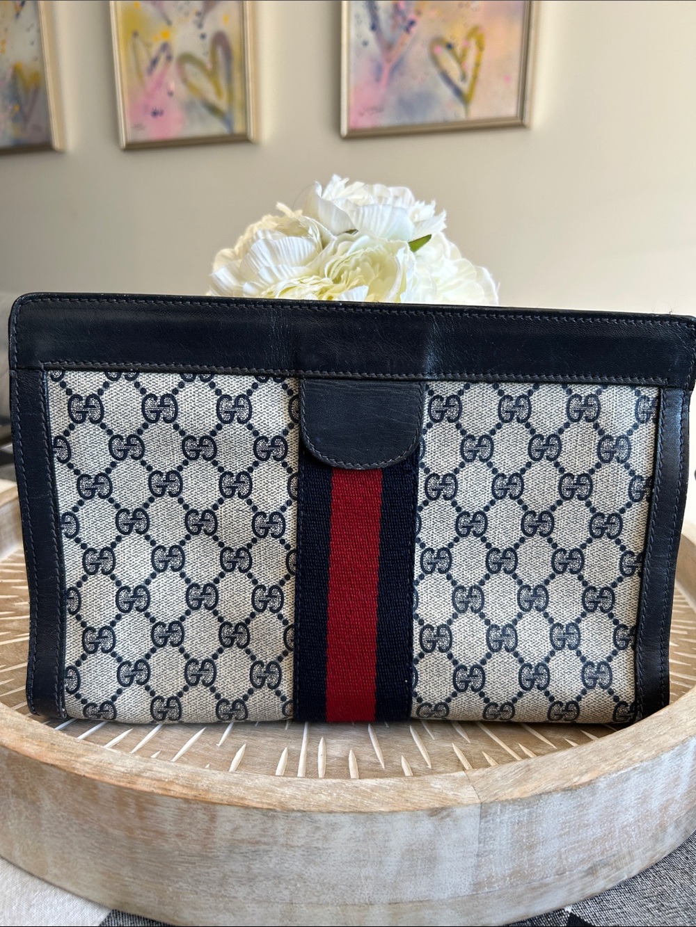 Gucci Beige GG Canvas Clutch with Navy Leather and Red Stripe